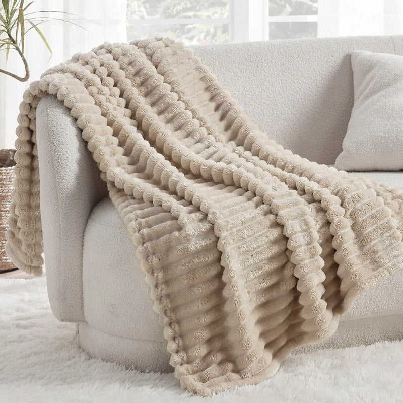 Blanket 220x200cm beige thick stripes Microfiber soft bedspread EAN (GTIN) 695498562422
