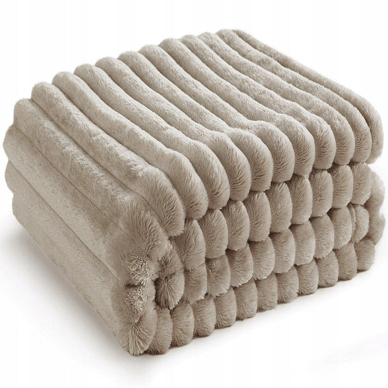 Blanket 220x200cm beige thick stripes Microfiber soft bedspread