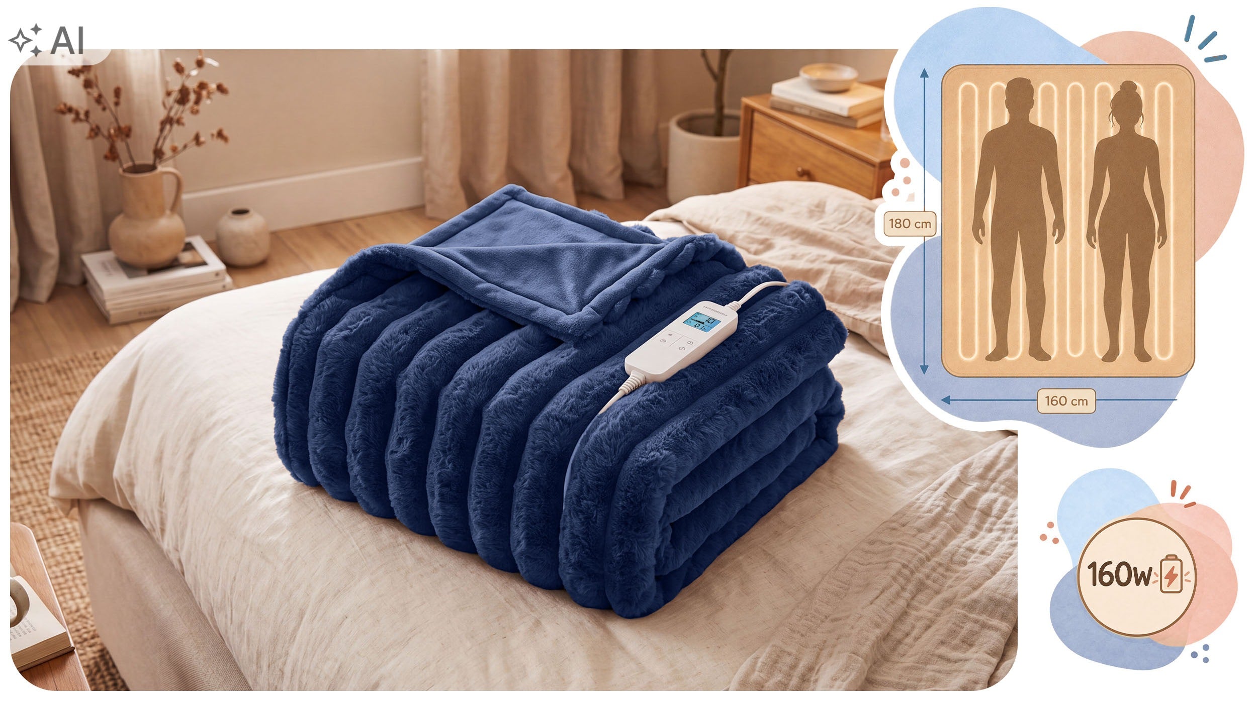 Blanket Electric Heated Plush 180x160 Thick Soft Large LCD Remote Control Medical device no