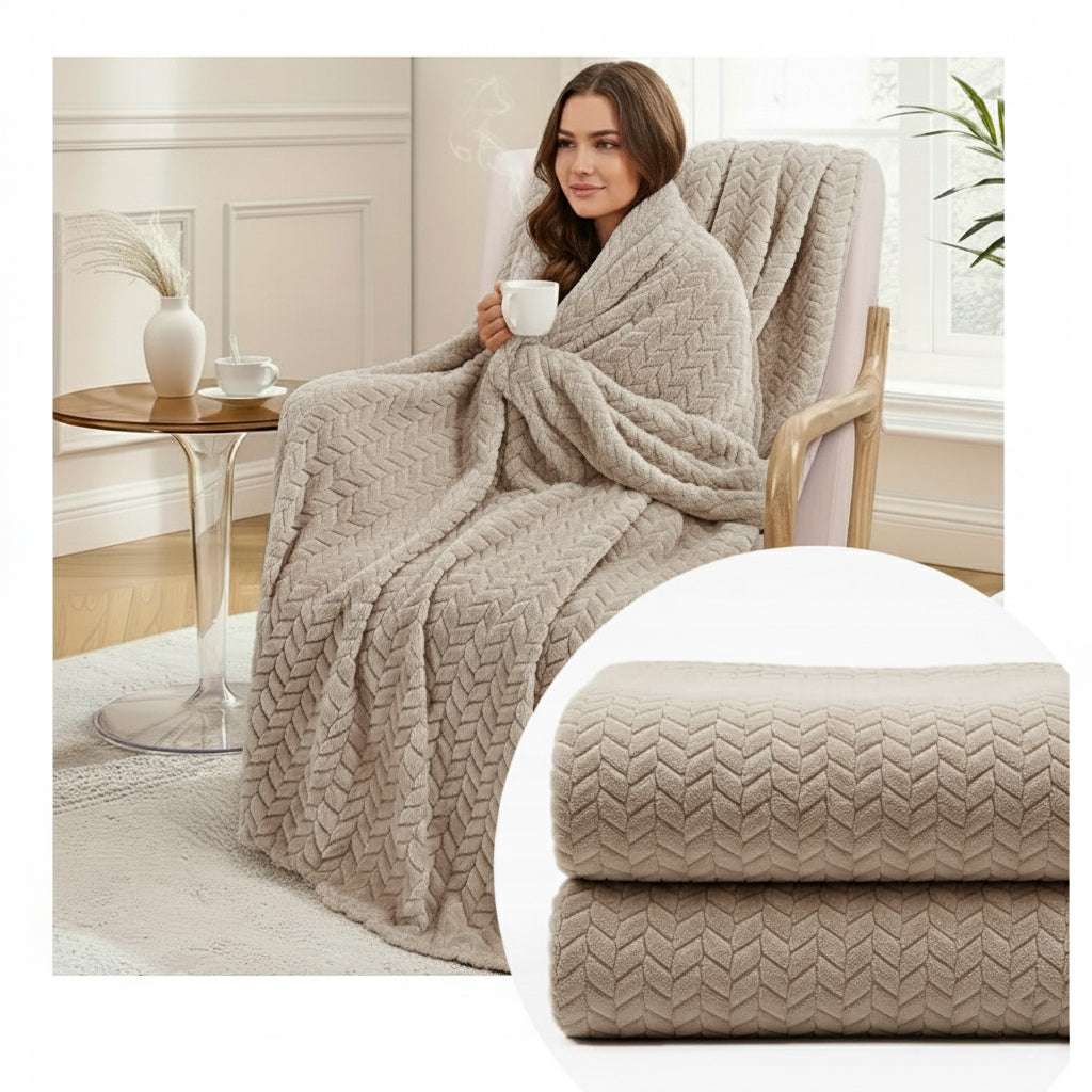 Blanket Herringbone Pled Bedspread Sofa Soft Fashionable BEIGE 160x200