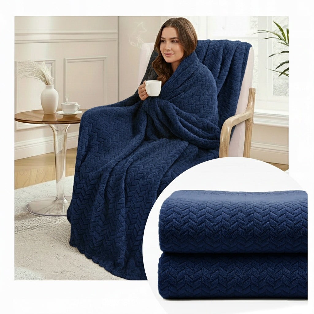 Blanket Herringbone Pled Bedspread Sofa Soft NAVY BLUE 160x200