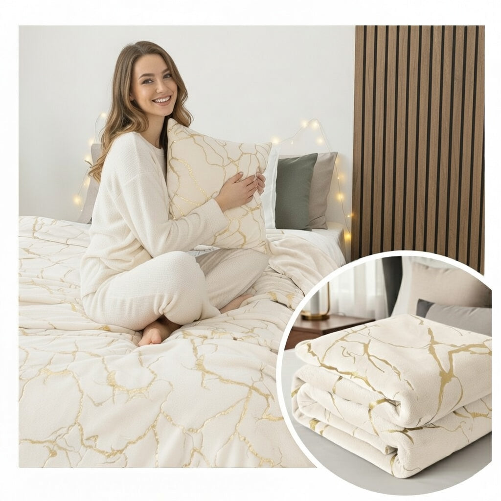 Blanket Marble with Gold Application Soft Plush Bedspread ECRU + GOLD 160x200