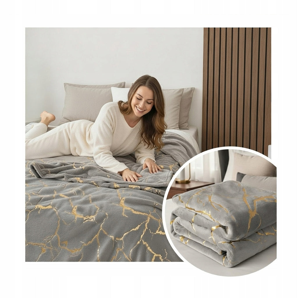 Blanket Marble with Gold Application Soft Plush Bedspread GREY + GOLD 160x200