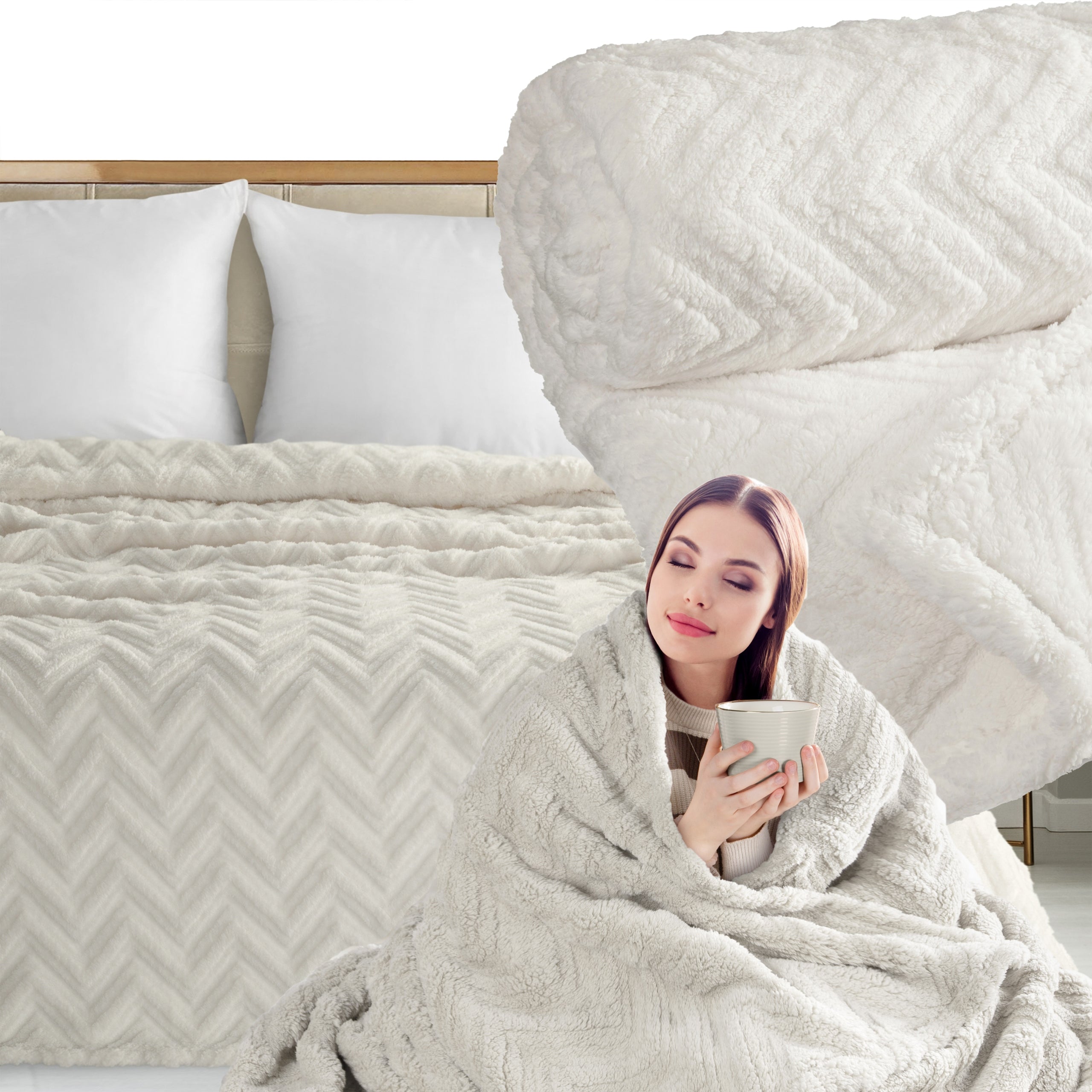 Blanket bedspread 200x220 thick soft fluffy herringbone cream