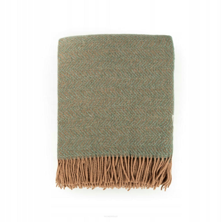 Blanket wool bedspread FOXY sage 200x220 with fringes warm thick sowool