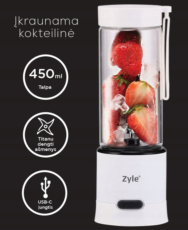 Blender Portable Wireless USB ZYLE Glass Titanium Blades 450ml Packaging status original