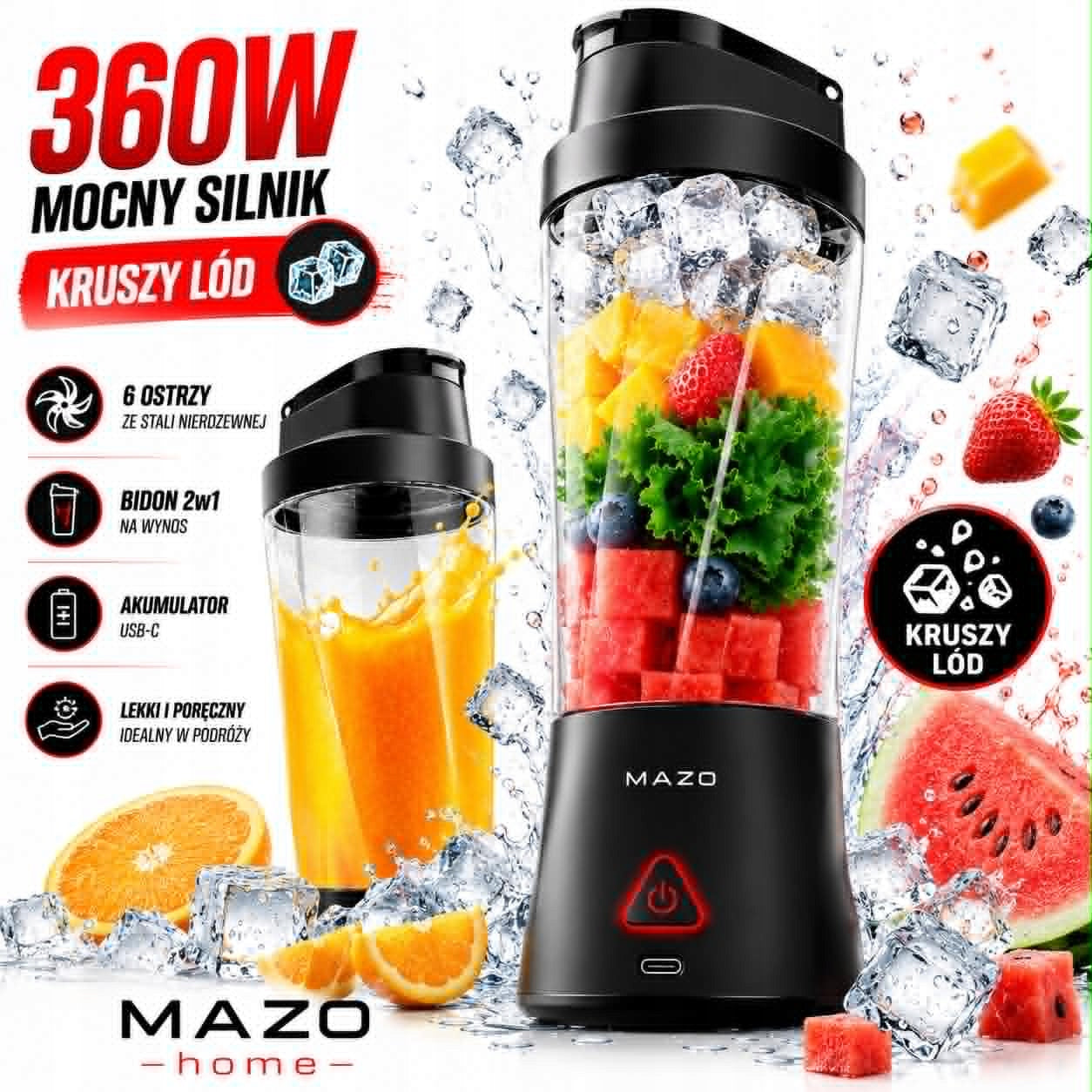 Blender water bottle portable wireless MAZO 300 In smoothie crushes ice 6 blades Manufacturer code MZ001