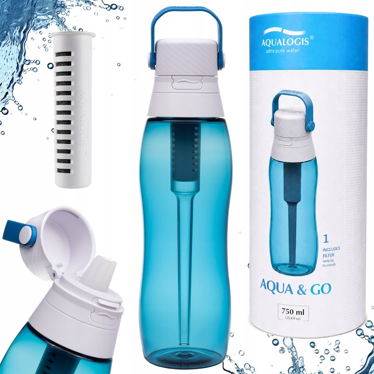 Blue Aqua&Go Water Filter Bottle with Carbon Filter 750ml