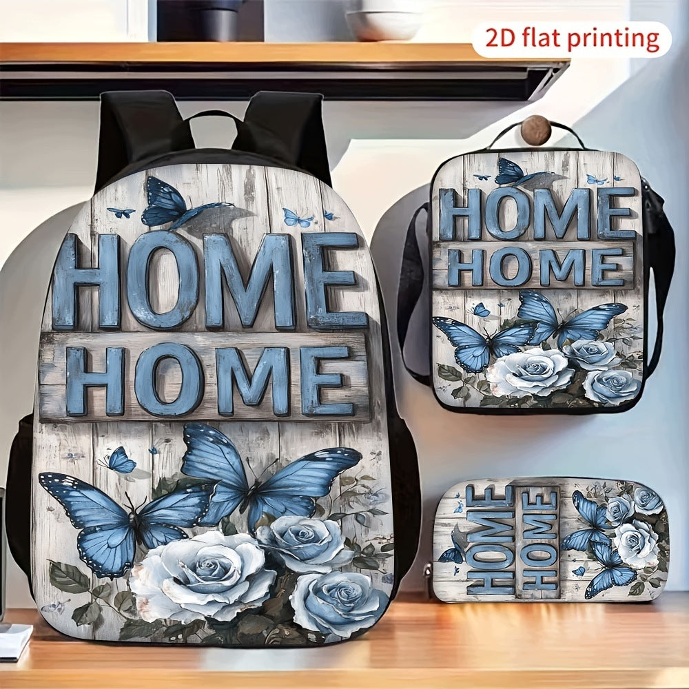 Blue Butterfly White Rose Pattern Backpack Set Crossbody Bag