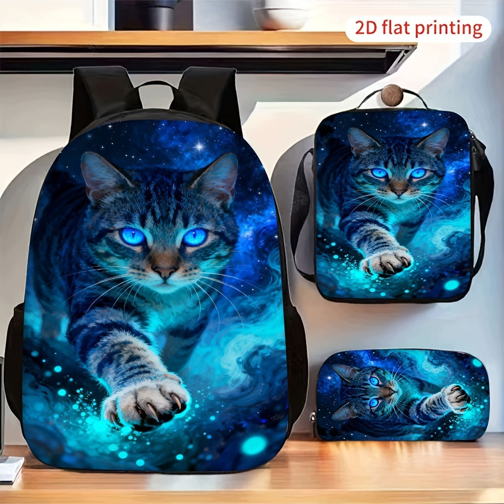 Blue Eyed Cat Starry Nebula Pattern Backpack Set with Crossbody Bag