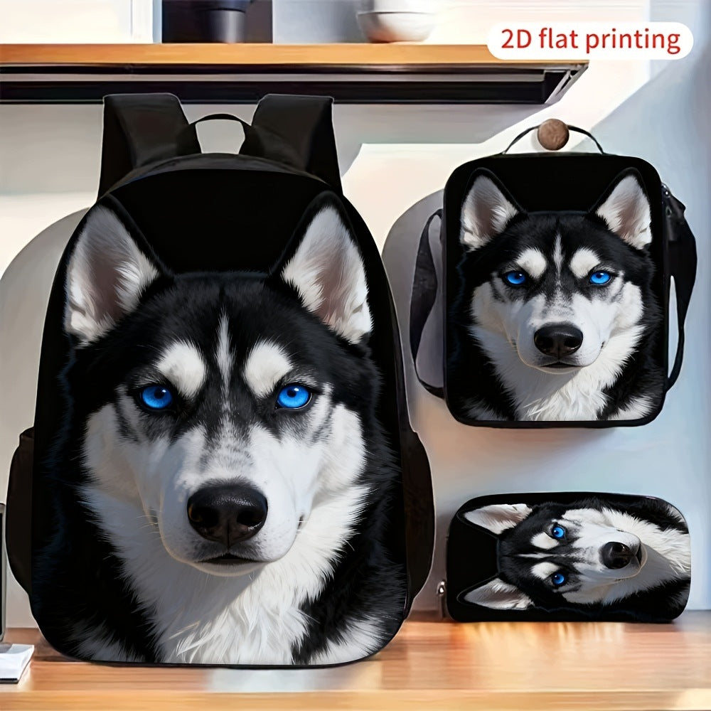Blue-Eyed Husky Dog Pattern 3-Piece Backpack Set: Includes Backpack, Crossbody Bag, and Pencil Case