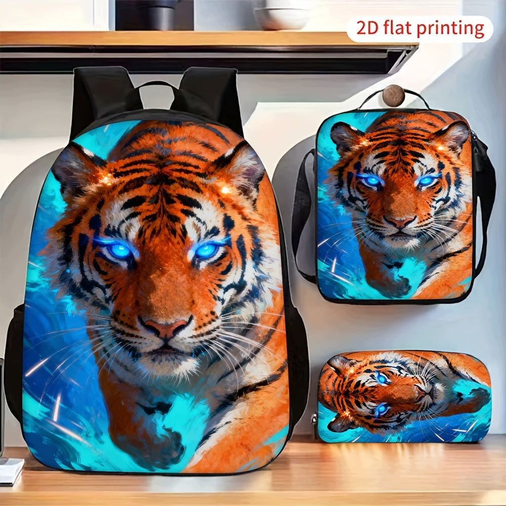 Blue Eyed Tiger Print 3-Piece Backpack Set - Casual Animal Pattern Bag