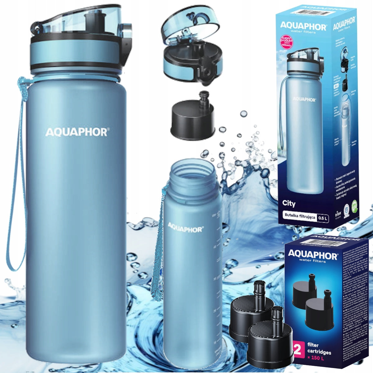 Blue Filter Bottle AQUAPHOR CITY 0,5 L set + 3 cartridges filters