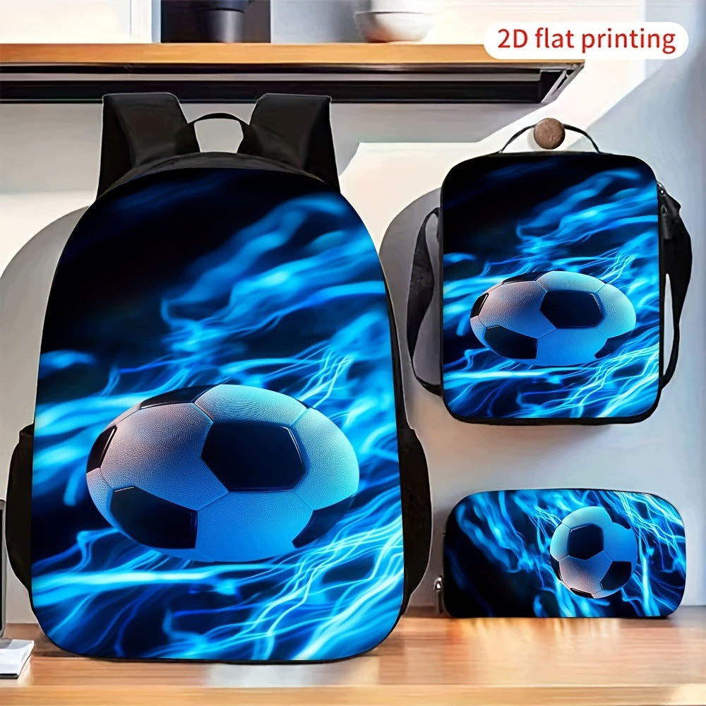 Blue Flame Soccer Print Backpack Set with Shoulder Bag and Pencil Case