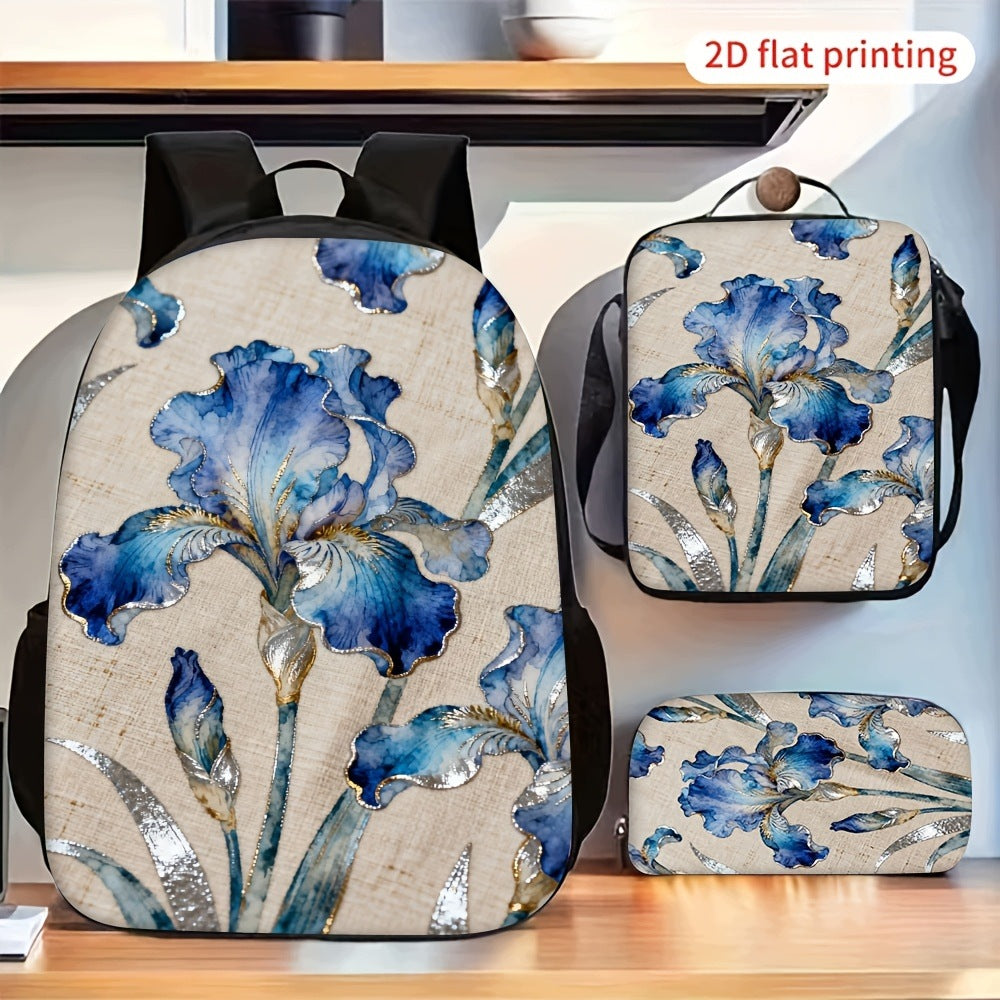 Blue Iris Floral Pattern 2D Flat Printing 3-Piece Backpack Set