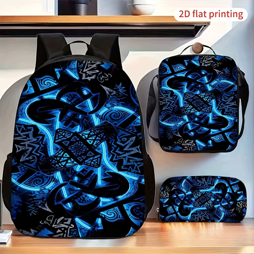 Blue Neon Graffiti Abstract Pattern 3-Piece 2D Flat Cool Backpack Set