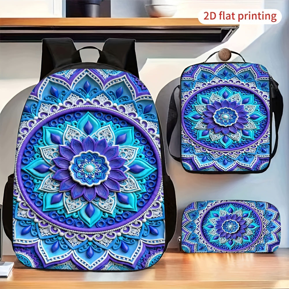 Blue Purple Mandala Pattern 3-Piece Backpack Set with 2D Flat Print