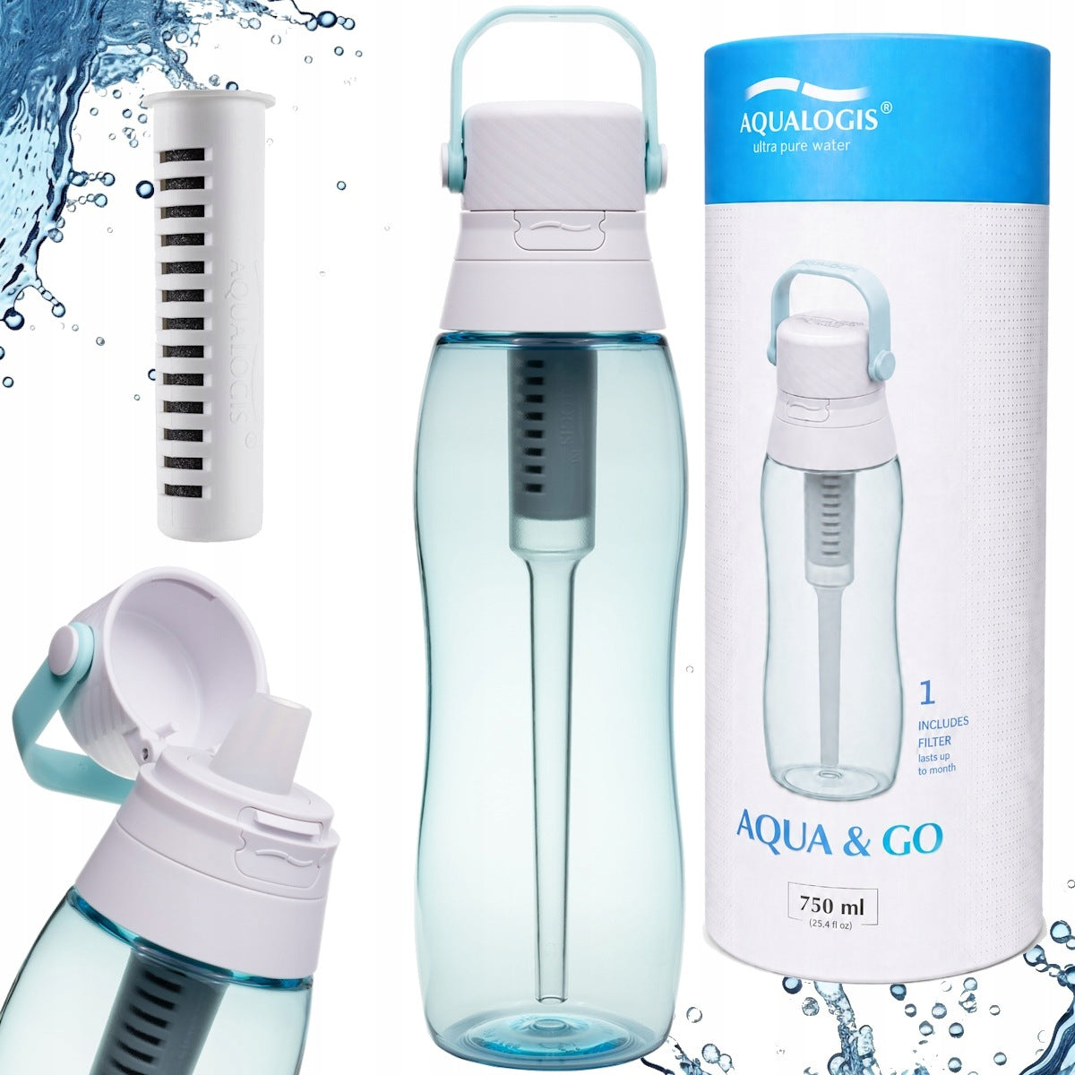 Blue Water Filter Bottle with Carbon Filter Aqua&Go 750ml