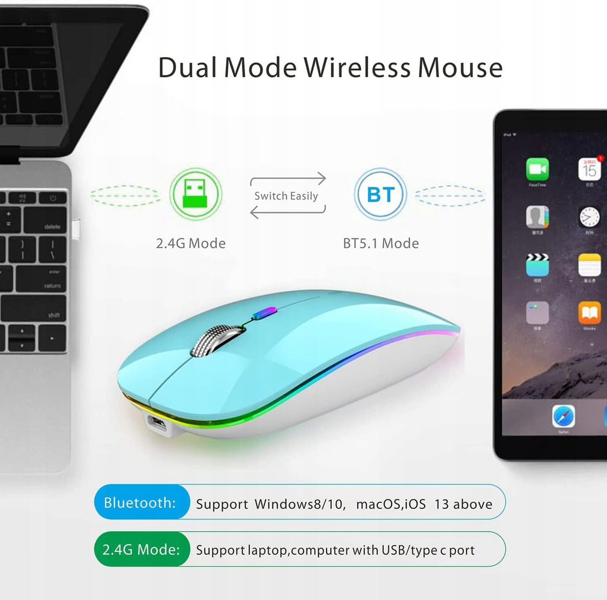 Bluetooth 5.1 5.0 2.4GHz Mouse Rechargeable Quiet Optical LED Manufacturer Uiosmuph