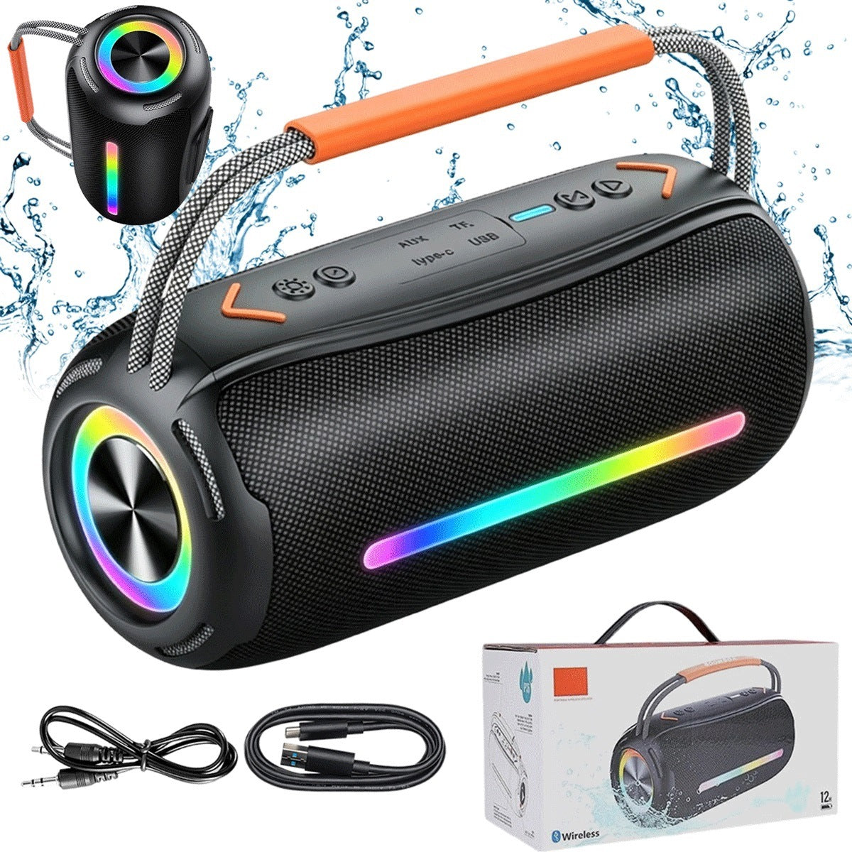 Bluetooth 5.4 20W Speaker with RGB Backlight and Power Bank, Black