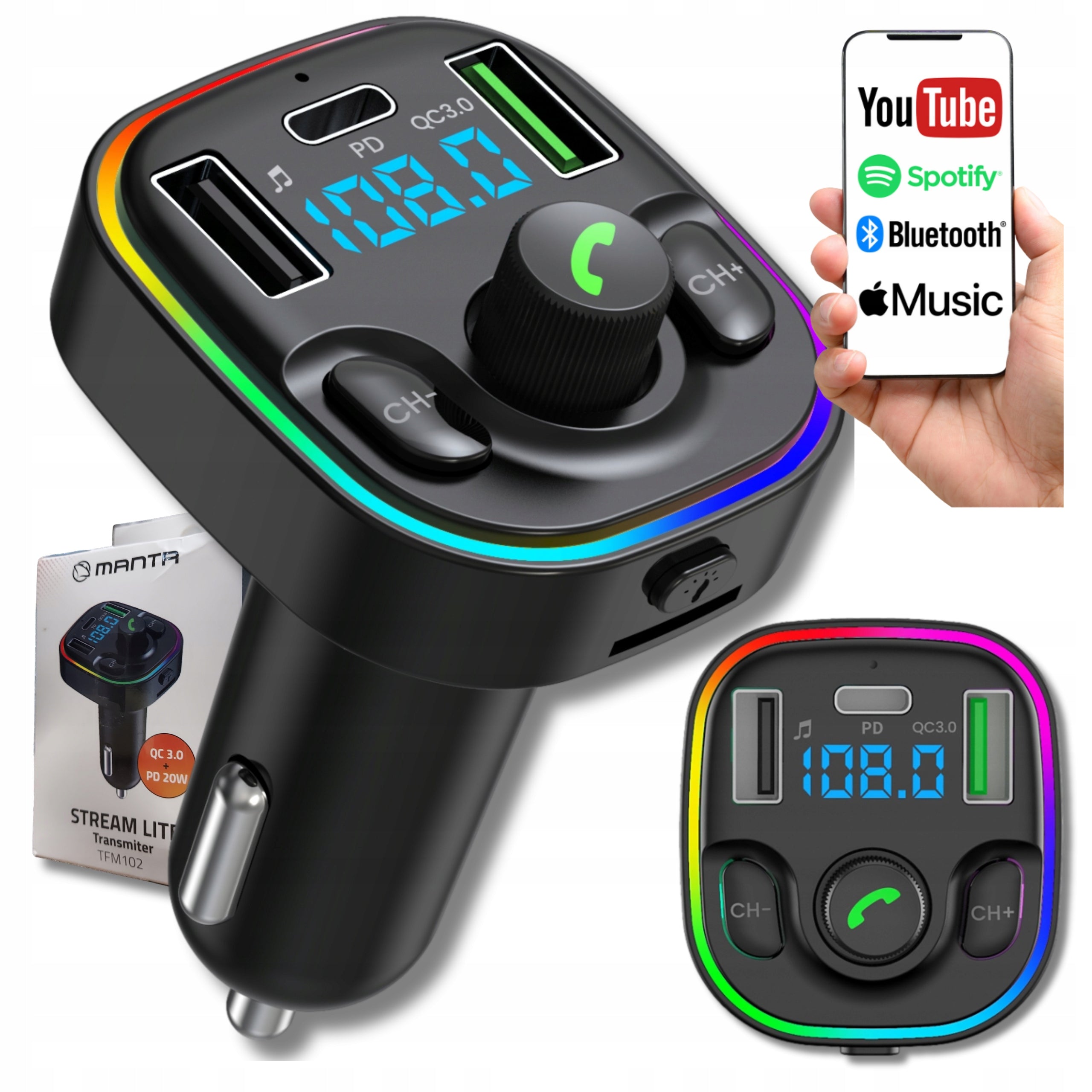 Bluetooth FM Transmitter Audio Car Charger PD 20W QC3.0 USB-C LED