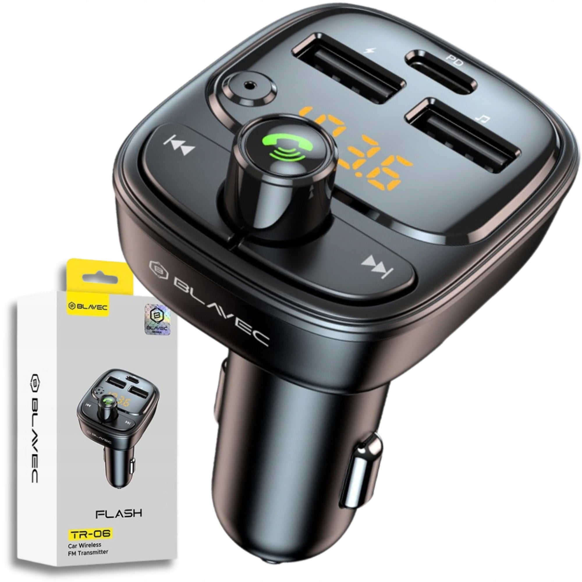 Bluetooth FM Transmitter Car Charger USB-C PD 30W + 2xUSB-A Flash