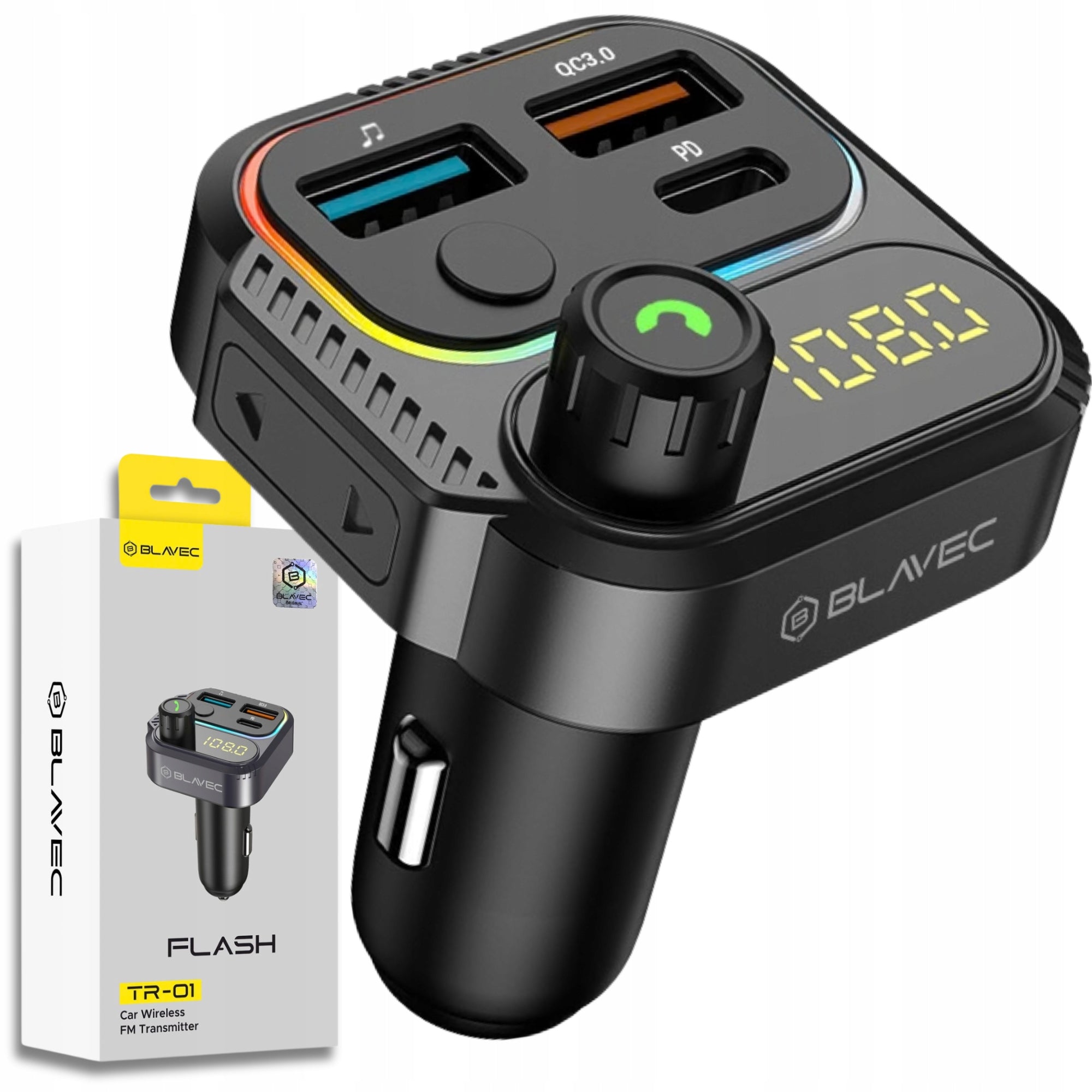 Bluetooth FM Transmitter Car Charger USB-C PD 36W + 2xUSB-A QC3.0