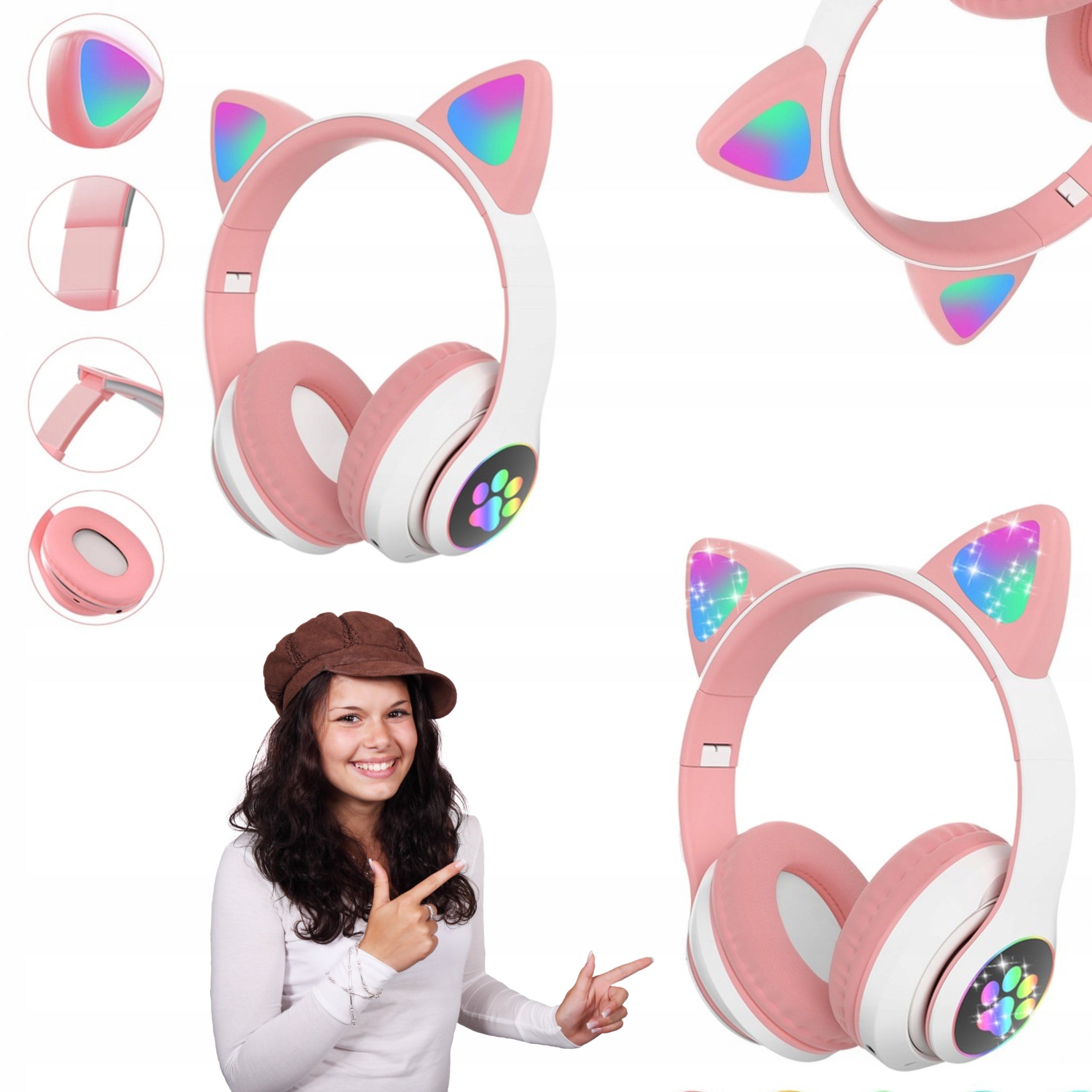 Bluetooth Headphones Cat Ears LED On-Ear for Baby Girls Gift Packaging status original
