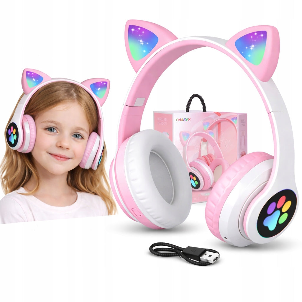 Bluetooth Headphones Cat Ears LED On-Ear for Baby Girls Gift