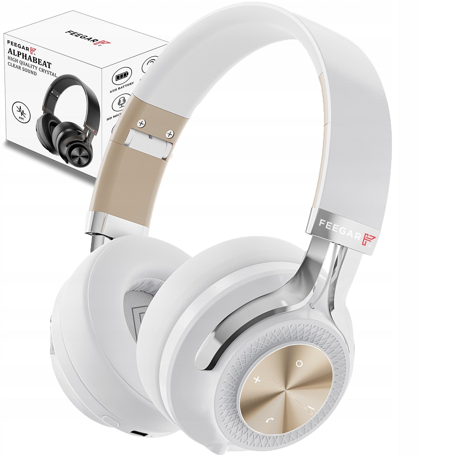 Bluetooth Headphones FEEGAR AlphaBeat On-Ear ANC 65H White BT 5.4 Brand Feegar