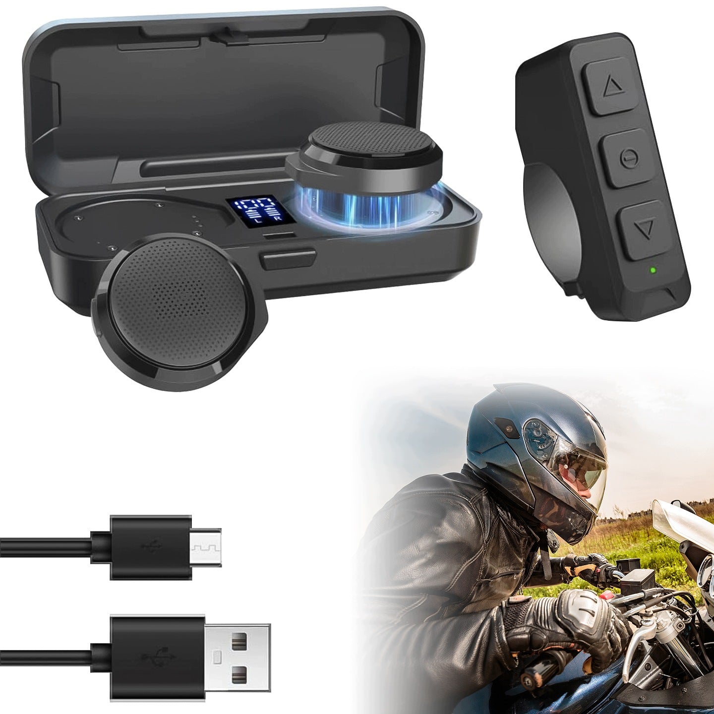 Bluetooth Headphones for Motorcycle Helmet with Charging Case - Clear Sound