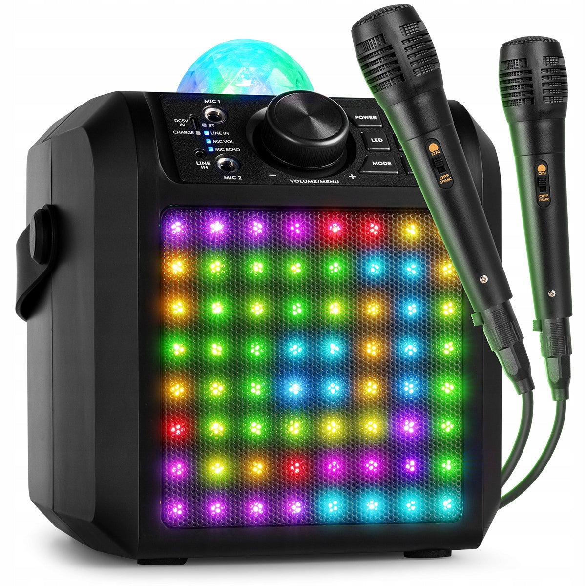 Bluetooth Karaoke Speaker with LED Hemisphere Two Karaoke Microphones for Kids Batteries included yes