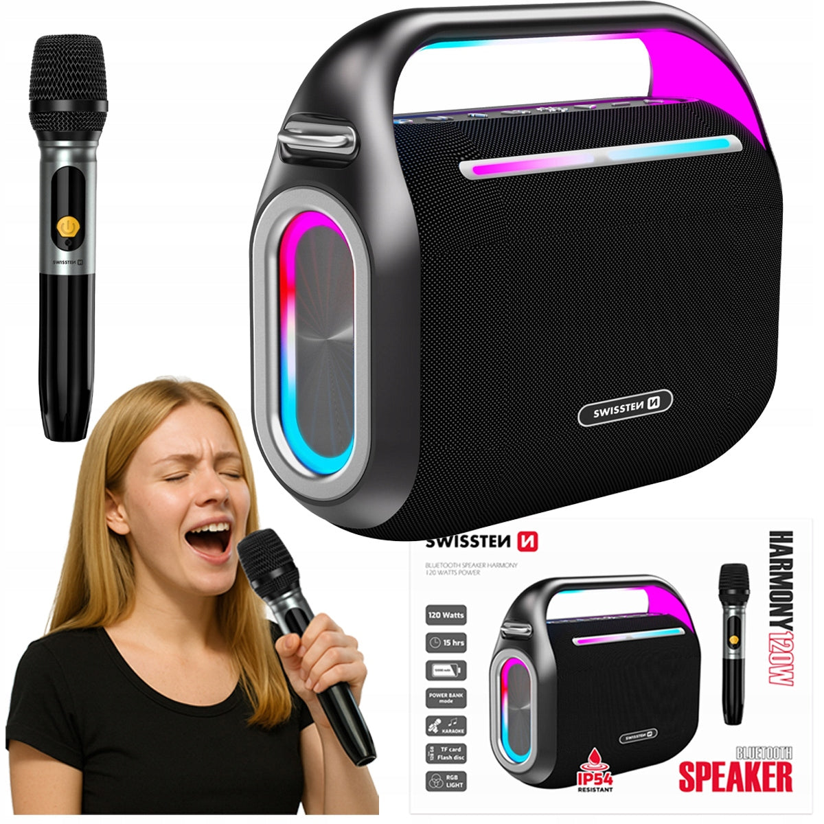 Bluetooth LED speaker with microphone set KARAOKE HARMONY 120W SWISSTEN