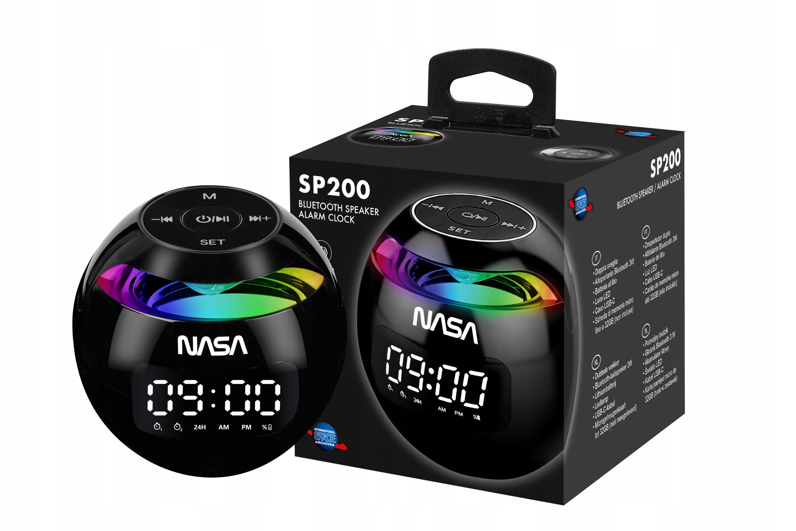 Bluetooth Speaker 5.0 NASA SP200 2x Alarm Clock + Lamp RGB LED Light Packaging status original