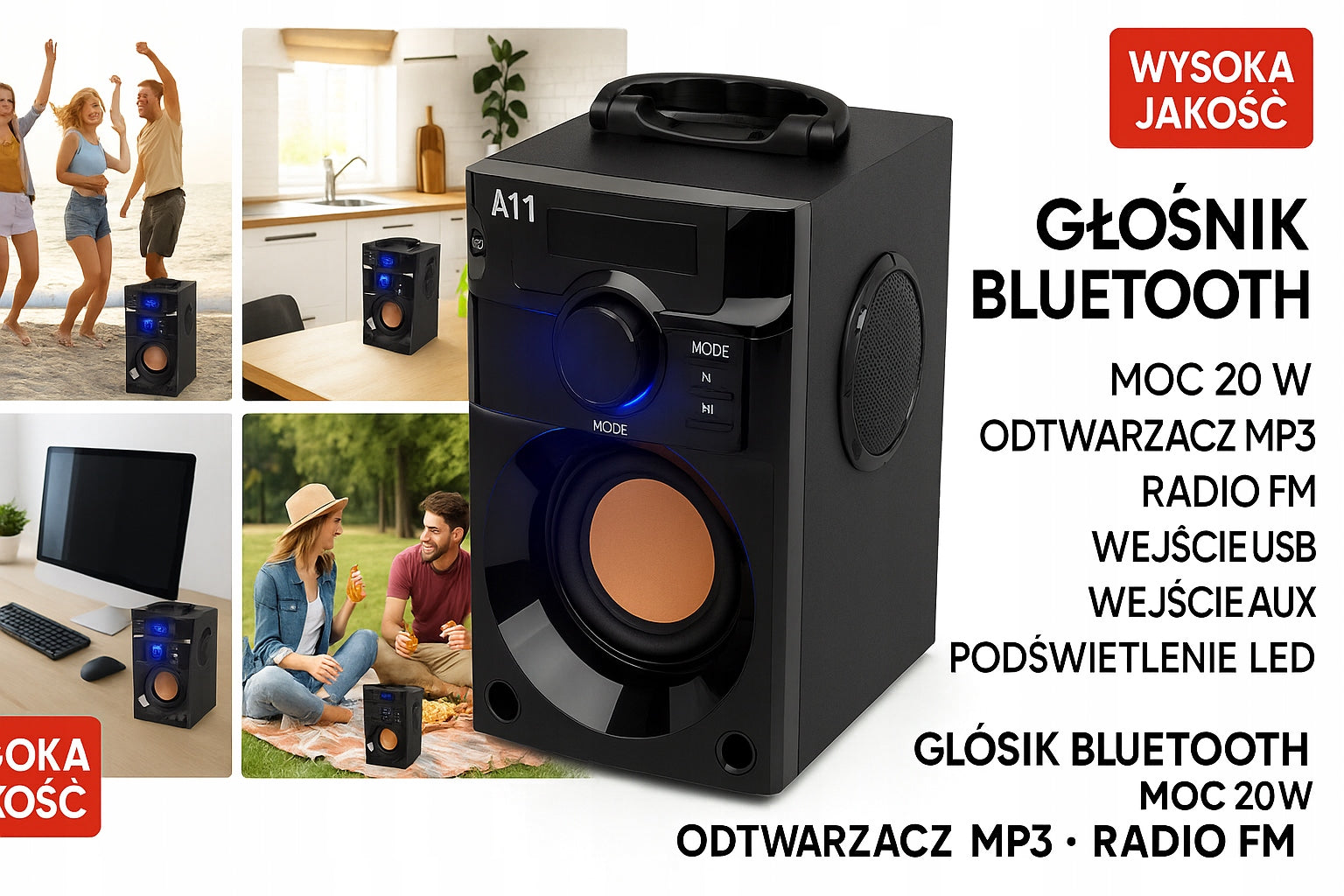Bluetooth Speaker A11 20W MP3 FM USB AUX LED Radio Wireless