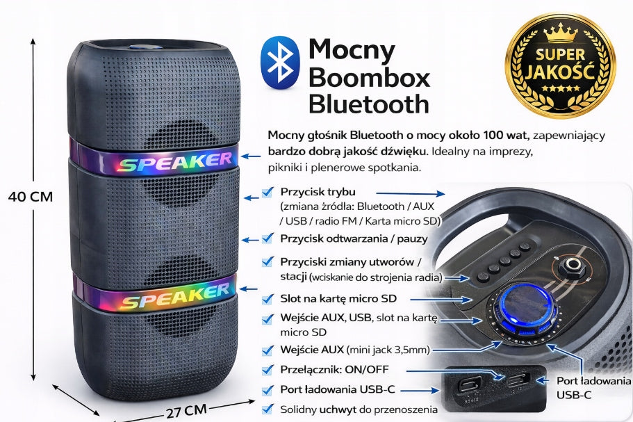 Bluetooth Speaker Boombox RGB LED Powerful Bass FM Radio USB AUX