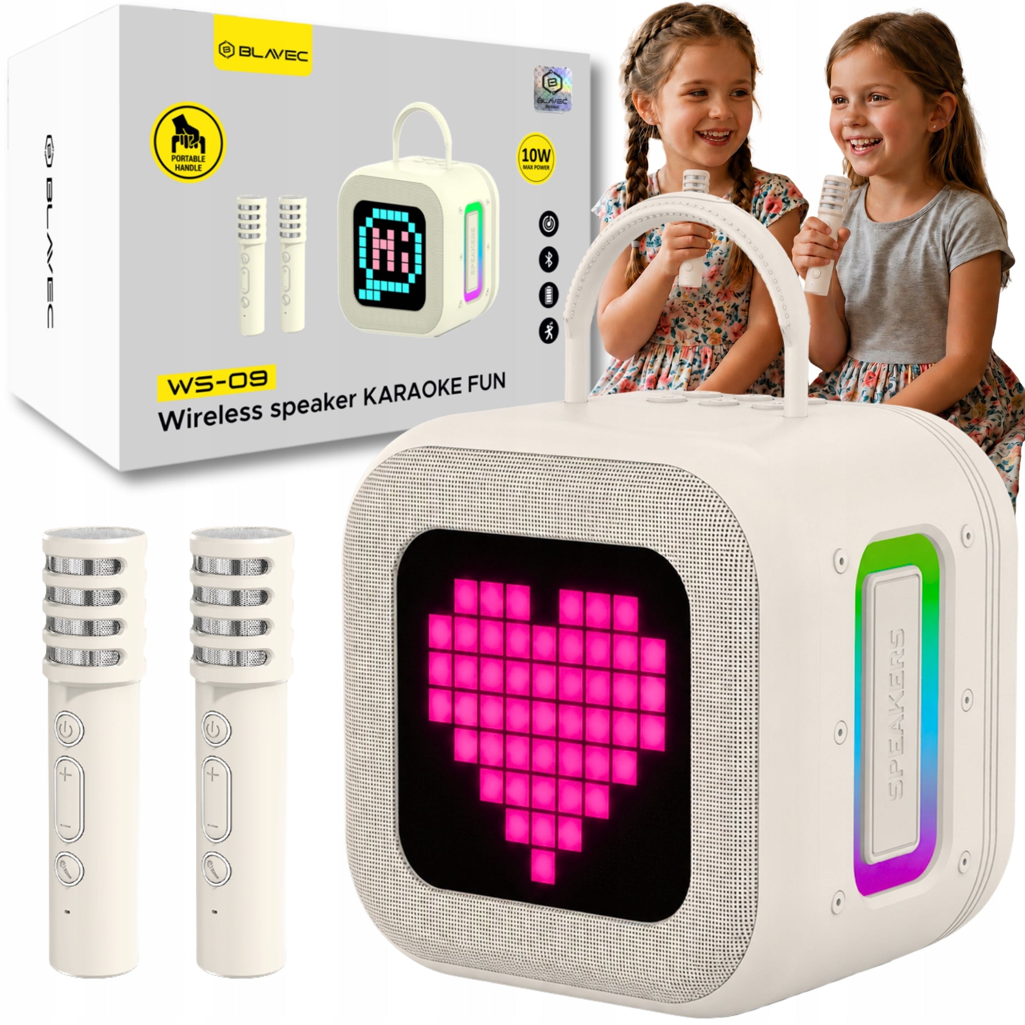 Bluetooth Speaker Karaoke Kit 2 Microphones Fun Pixel RGB Display