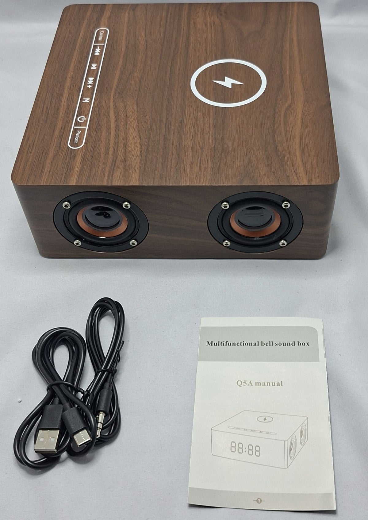 Bluetooth Speaker with LED Clock and Q5A Charger – Walnut