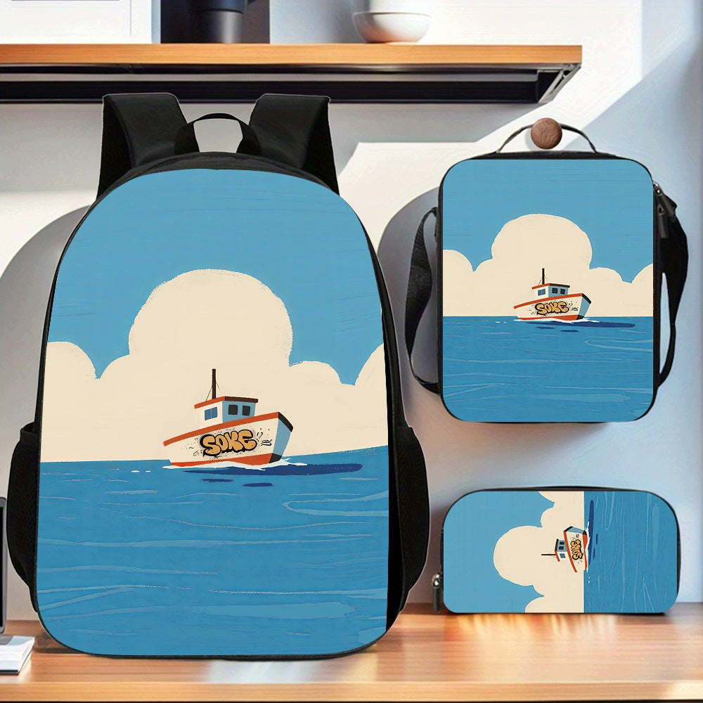Boat 3-Piece Backpack Set - Large Capacity, Computer Compartment, Pencil Case, Crossbody Bag with Printing