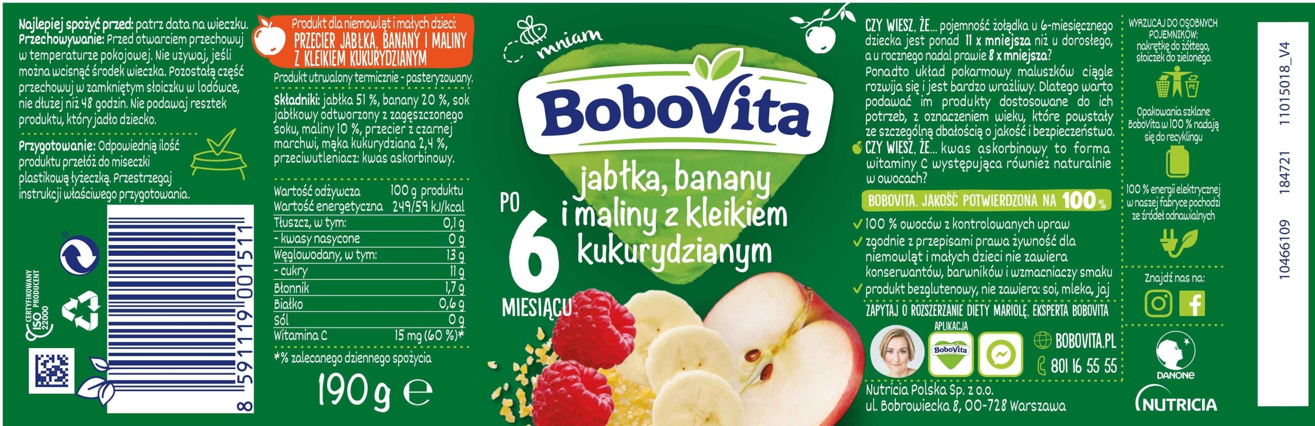 BoboVita Dessert Apples bananas raspberries Corn groats 6m+ FRUIT PORRIDGE190g Manufacturer code 8591119001511