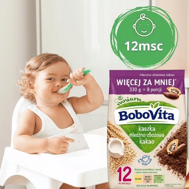 BoboVita cocoa milk porridge after 12 months More for less 330g Packaging status original