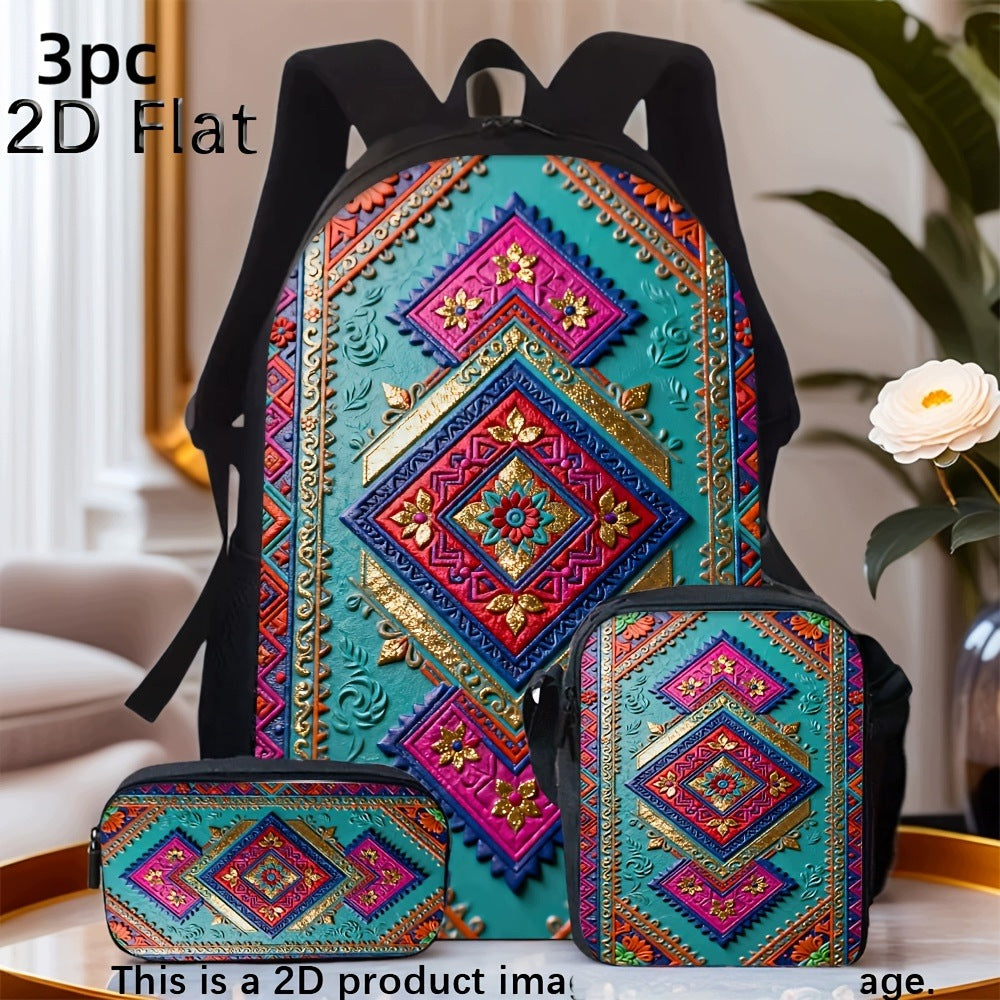 Bohemian Geometric Diamond Backpack Set - 2D Flat Fashion Daily Use