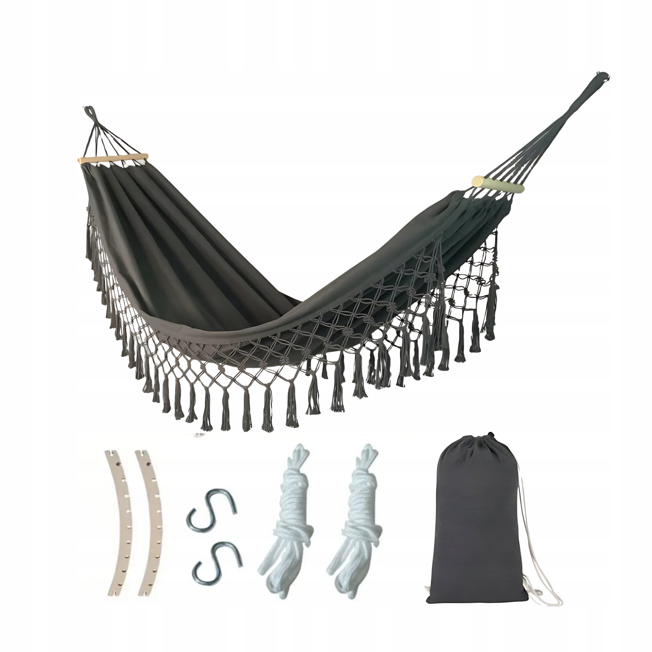 Boho Garden Hammock Black with Tassels Decorative 200x150 Large Strong DH02 Kind hammock with rod