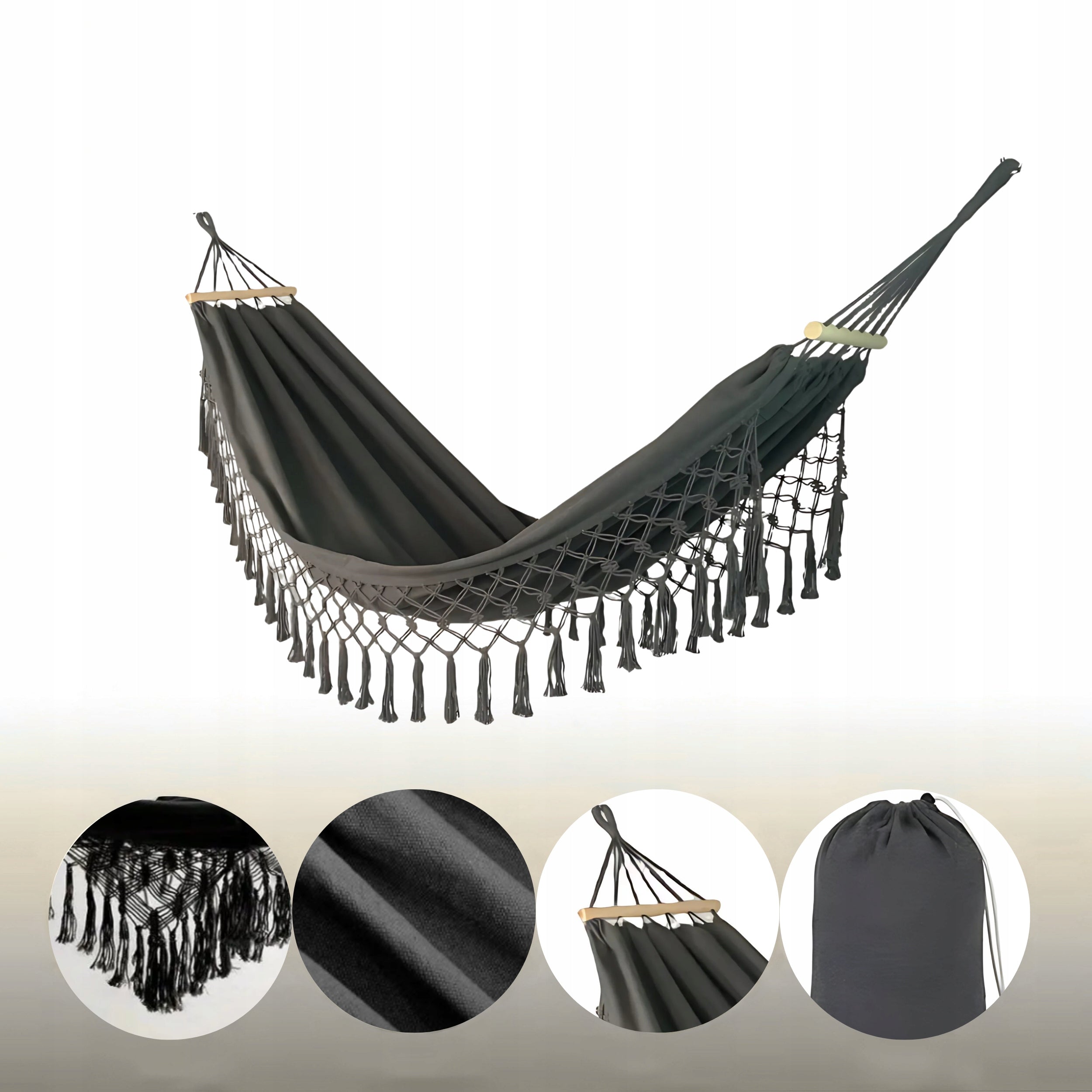 Boho Garden Hammock Black with Tassels Decorative 200x150 Large Strong DH02 Total length 270 cm