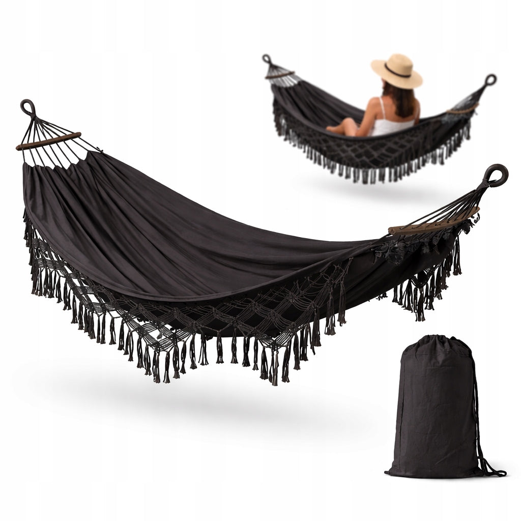Boho Garden Hammock Black with Tassels Decorative 200x150 Large Strong DH02