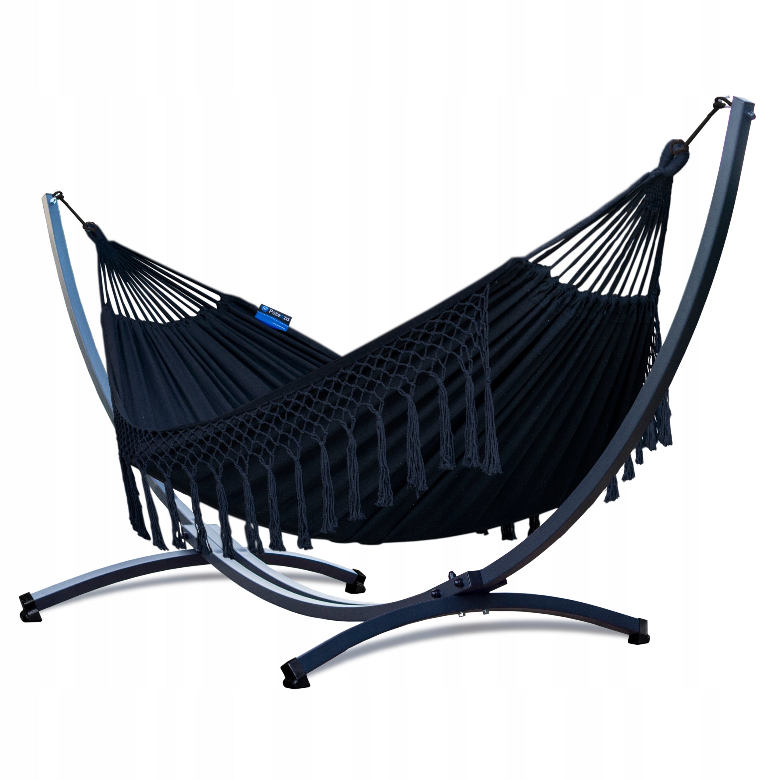Boho garden hammock with steel frame GRANDE hammock with fringes POTENZA