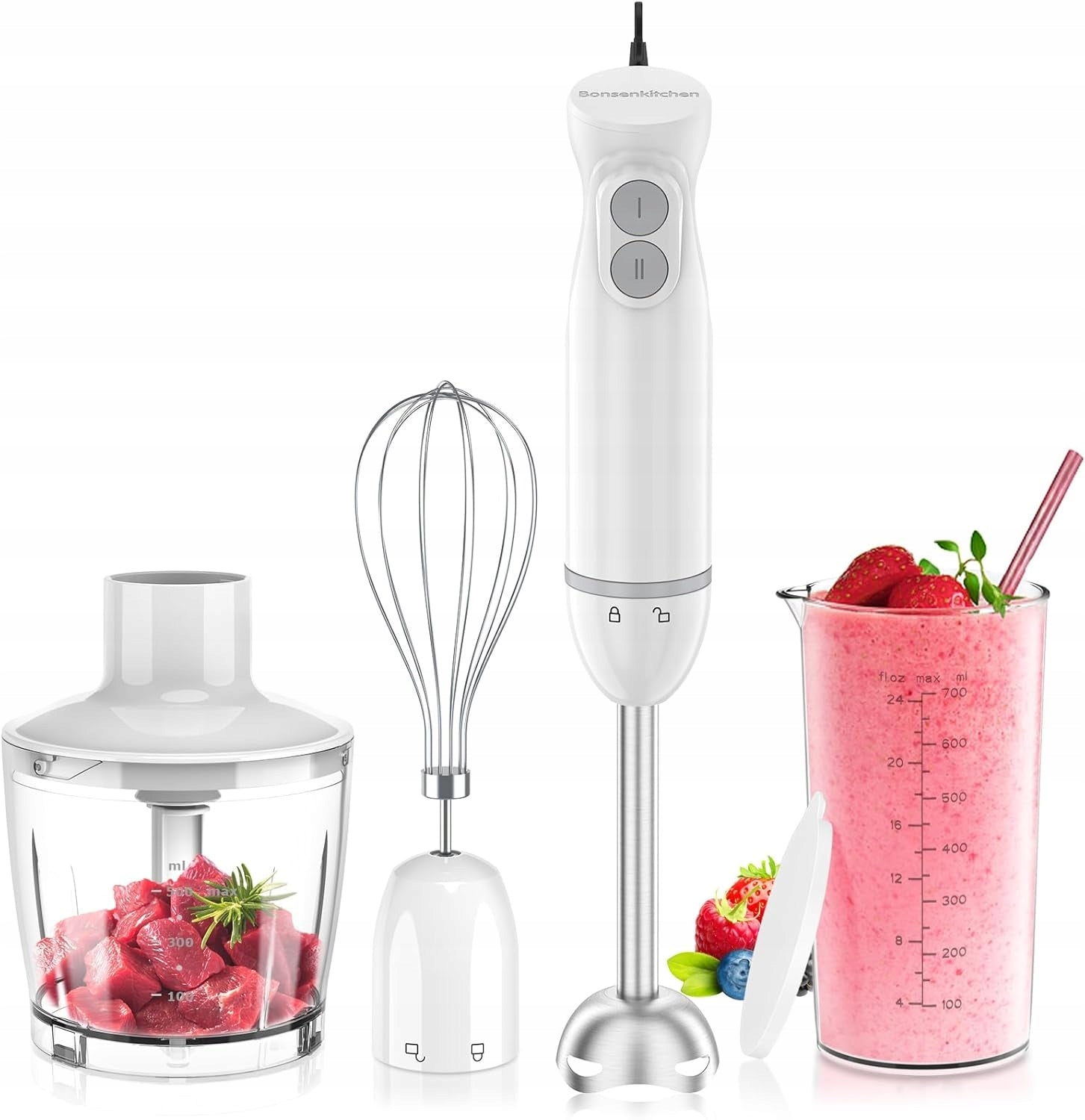 Bonsenkitchen 1000W Stainless Steel Electric Hand Blender 4 IN 1