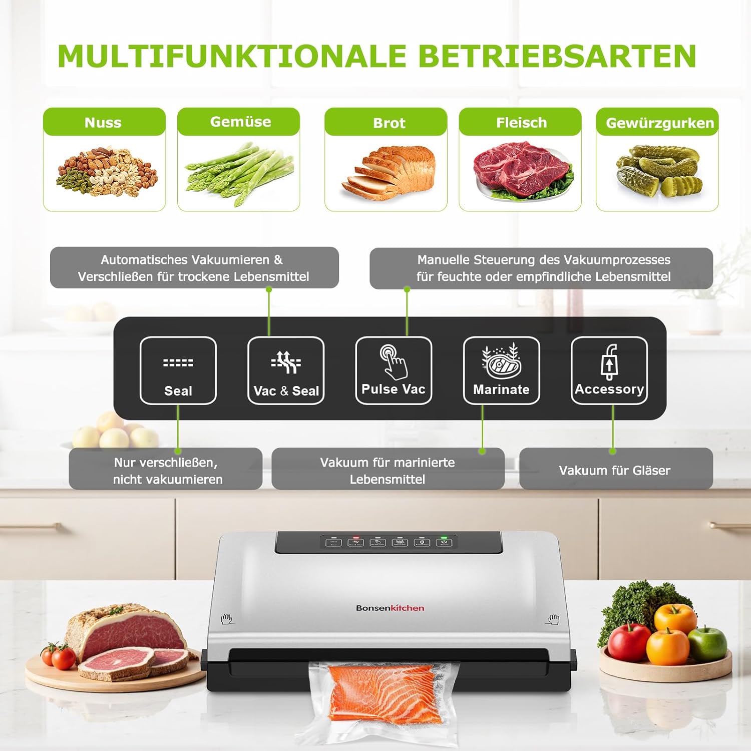 Bonsenkitchen VS3000 vacuum sealer, 5-mode FREEBIE ROLL + SHEETS Dominant color white