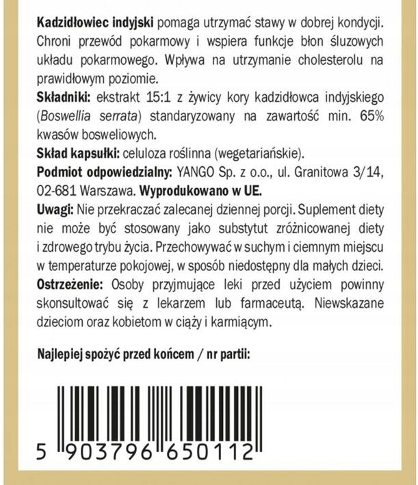 Boswellia 65 - 60 capsules, Boswellia EAN (GTIN) 5903796650112