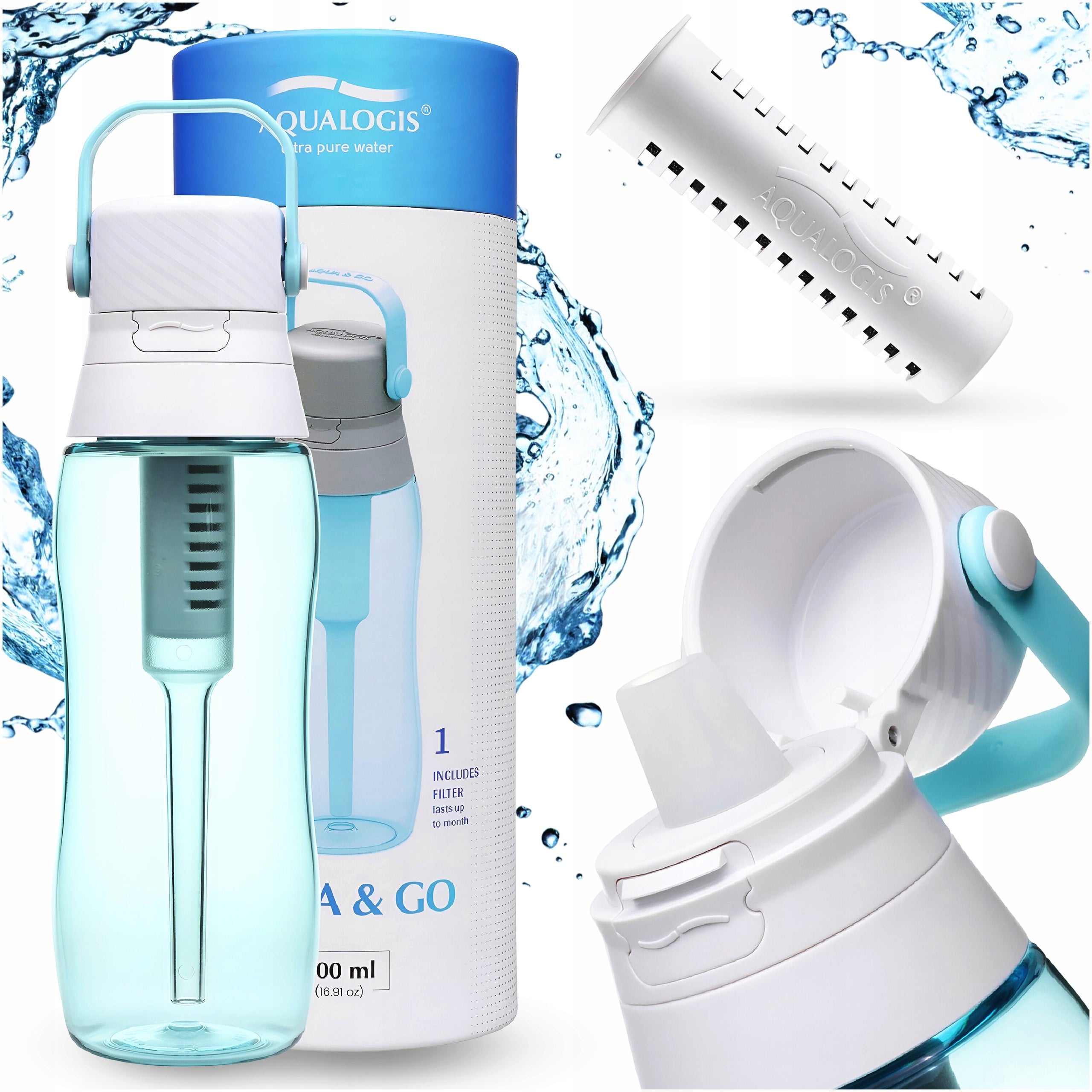 Bottle Filter Bottle with Filter Aqualogis Aqua&Go Blue 500ml